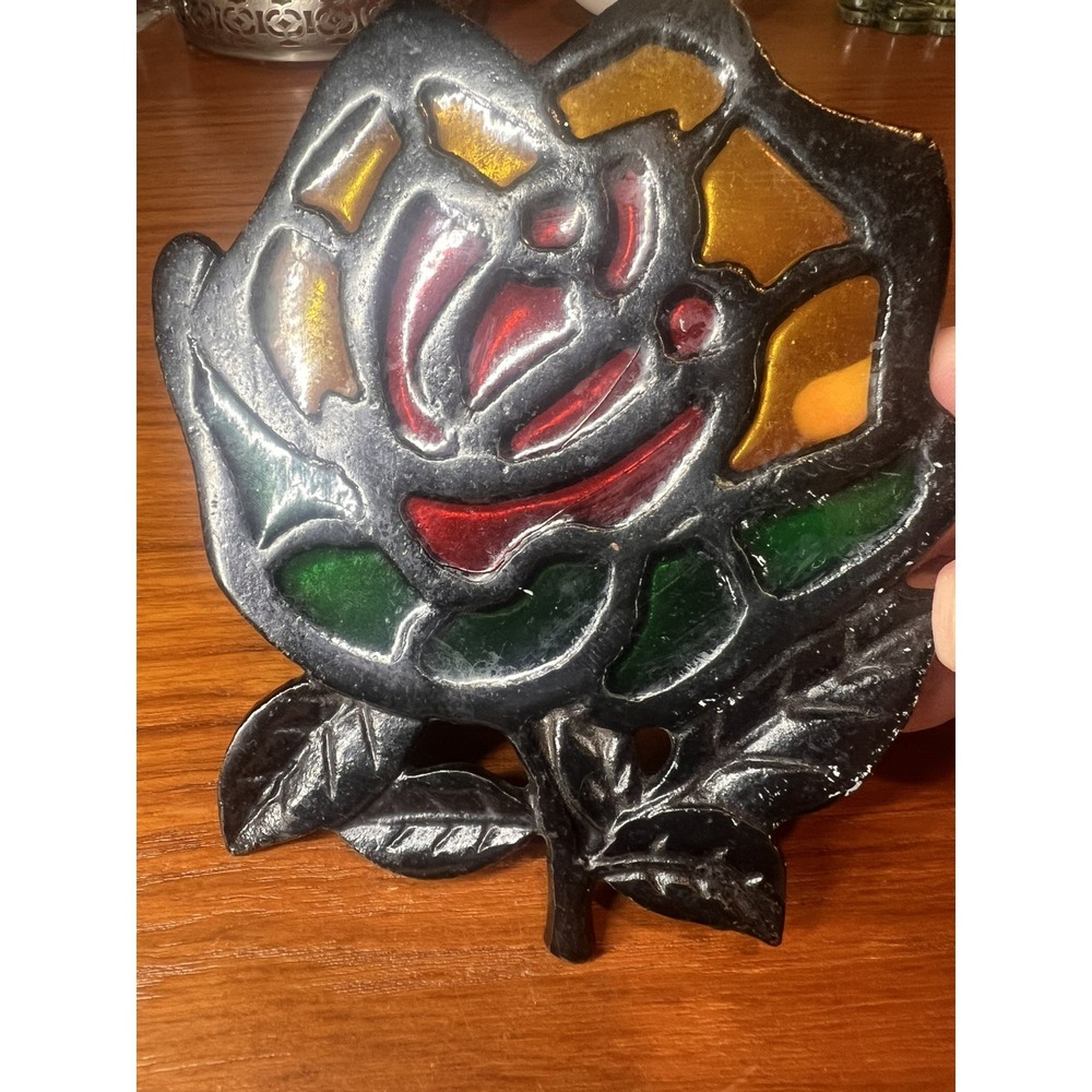Vintage Rare Cast Iron Rose Trivet Stained Glass Stand Grannycore - Picture 2 of 5